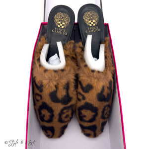 Vince Camuto Samara Slip on Flat Mules Leopard Slippers Luxe Cozy Fur Women's 10